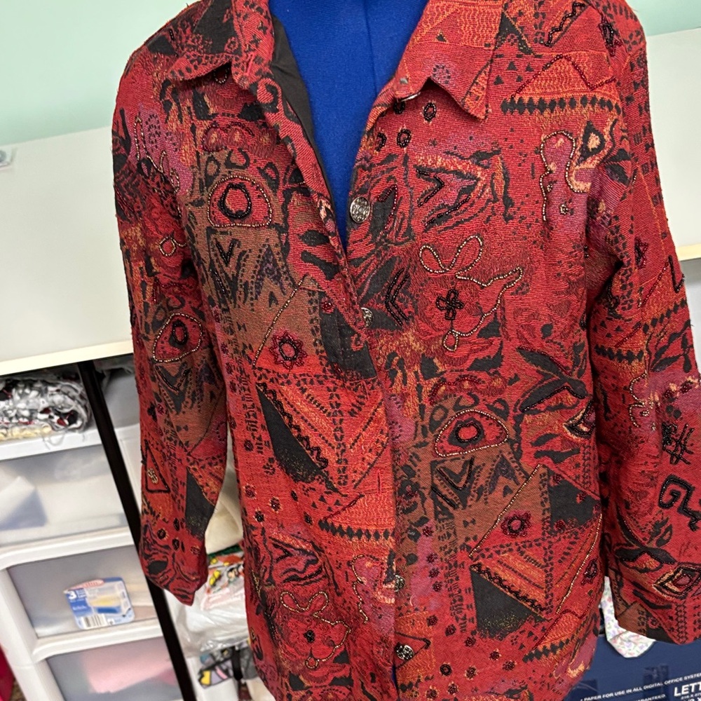 Chico's Vibrant Red and Black Patterned Blazer